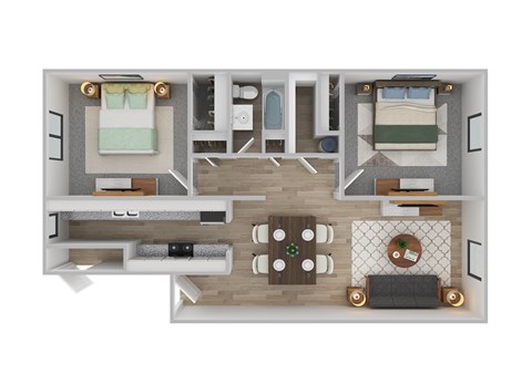 Floor plan for 2 beds, 1 bath, 775 sqft